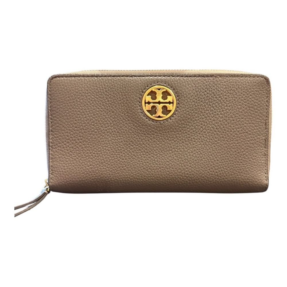 Tory Burch Robinson Continental Pebbled Leather Zippy Wallet Taupe w/Gold RR